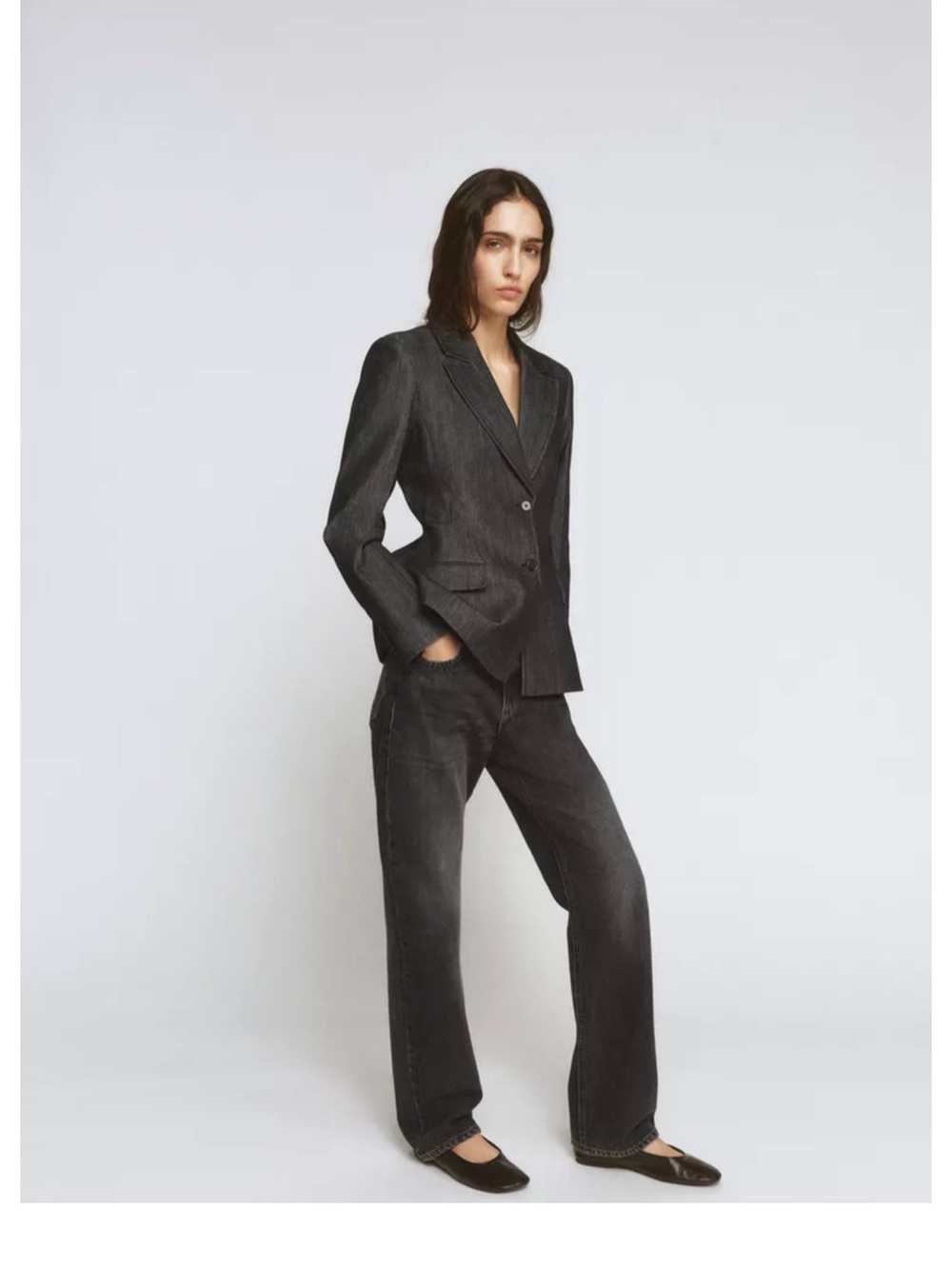 Zara women Dark Charcoal Gray denim fitted Blazer XS w shoulder pads